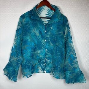 Mack and Mack Tropical Blue Sheer Leaf Pattern Ethereal 1X Button Front Top